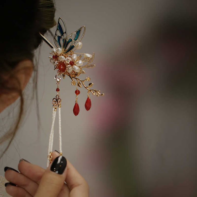 Nimara Ritual Classical Chinese Style Flower Branche Butterfly Pearl Tassel Hair Clip Hair Comb Hair Crown