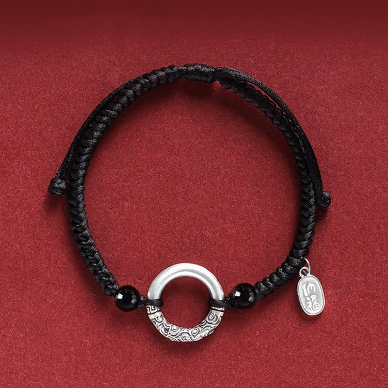 Nimara Ritual 925 Sterling Silver Black Onyx Peace Buckle Fu Character Charm Bracelet