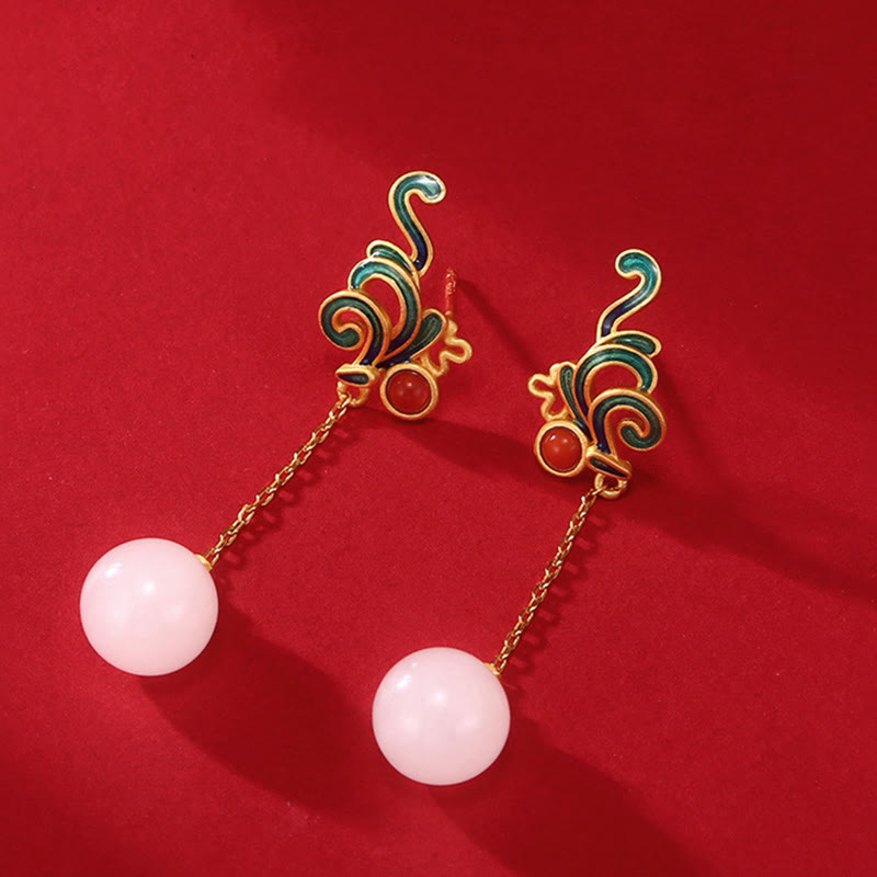 Nimara Ritual Vintage White Jade Red Agate Bead Blessing Drop Dangle Earrings