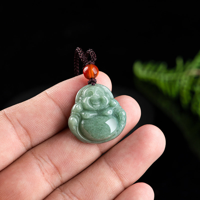Nimara Ritual Laughing Buddha Cyan Jade Success Necklace String Pendant