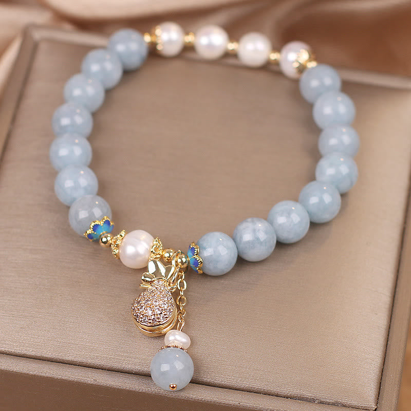 Nimara Ritual Aquamarine Pearl Fortune Money Bag Charm Bracelet