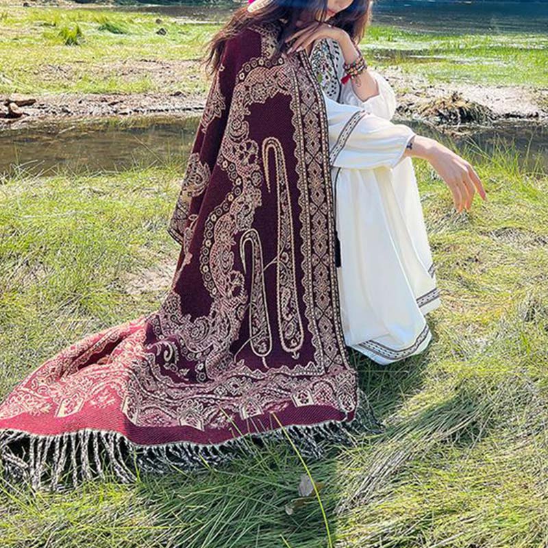Nimara Ritual Vintage Tibetan Leaves Pattern Design Shawl Cozy Travel Scarf Wrap