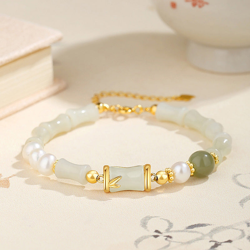 Nimara Ritual 925 Sterling Silver Natural Hetian White Jade Bamboo Luck Blessing Bracelet
