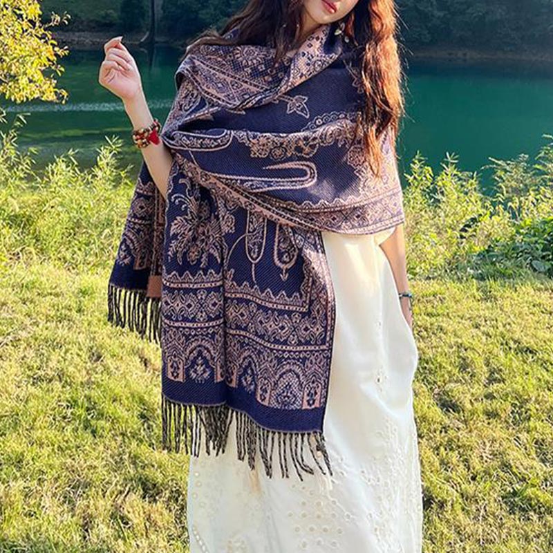 Nimara Ritual Vintage Tibetan Leaves Pattern Design Shawl Cozy Travel Scarf Wrap