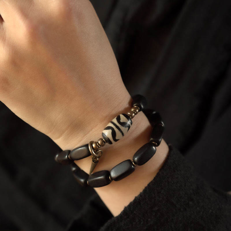 Nimara Ritual Tibet Ebony Wood Dzi Bead Copper Balance Double Wrap Bracelet