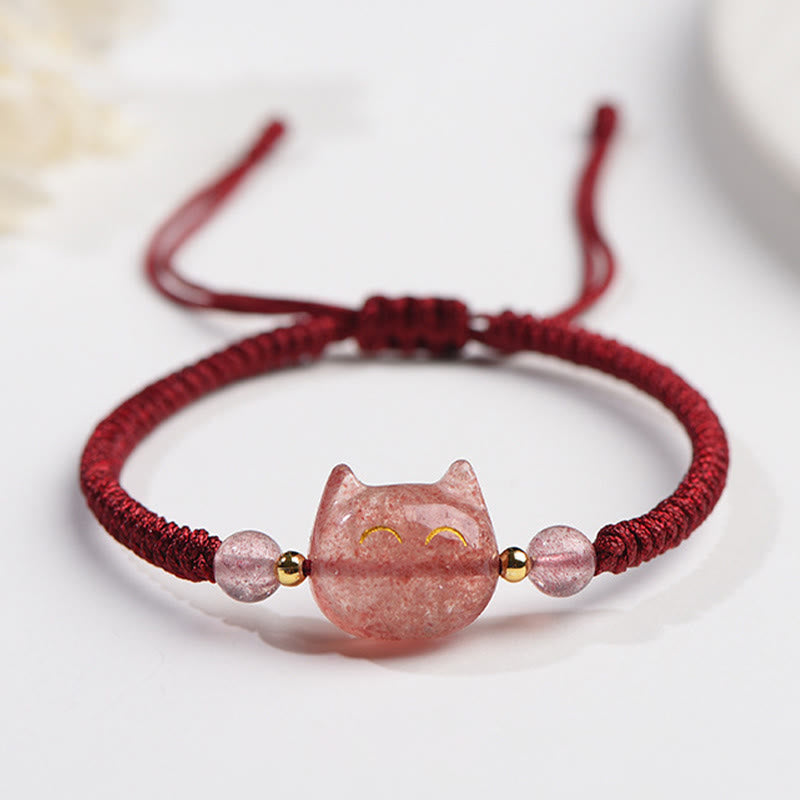 Nimara Ritual Handmade Natural Silver Sheen Obsidian Strawberry Quartz Cute Cat Protection Braided Bracelet