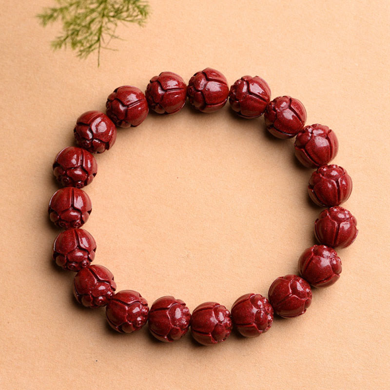 Nimara Ritual Natural Cinnabar Om Mani Padme Hum Fret Pattern Lotus Blessing Bracelet