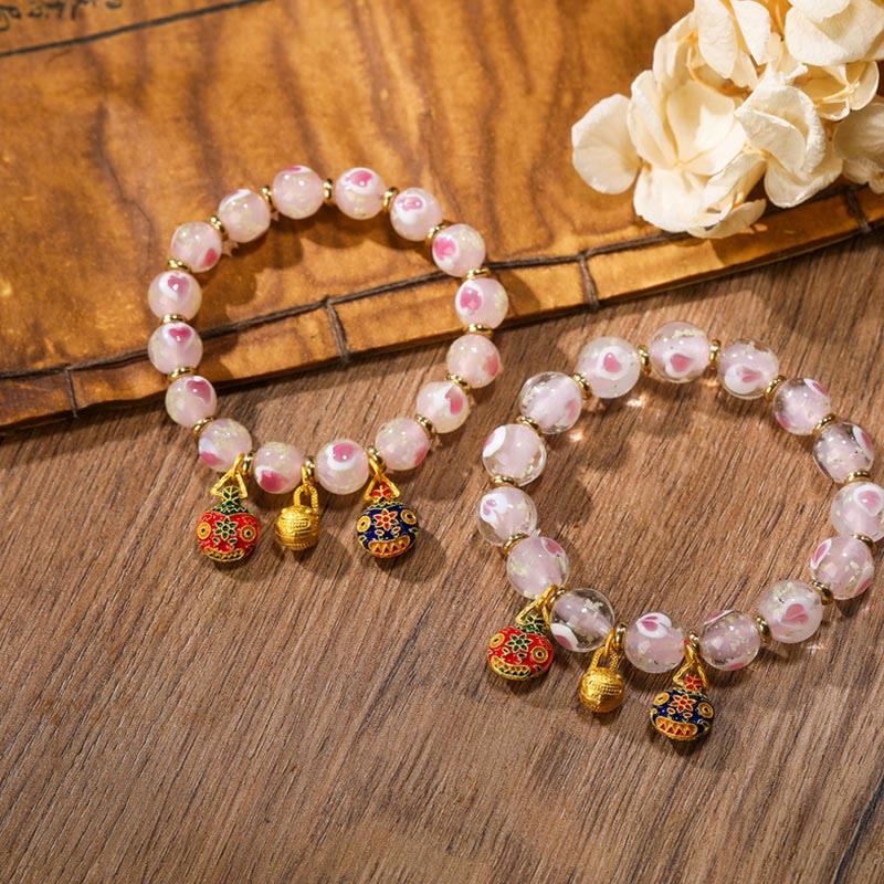 Nimara Ritual Gold Swallowing Beast Family Charm Luminous Pink Love Heart Fluorescent Liuli Glass Bead Blessings Bracelet