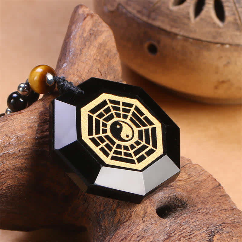 Nimara Ritual Bagua Yin Yang Black Obsidian Purification Beaded Necklace Pendant