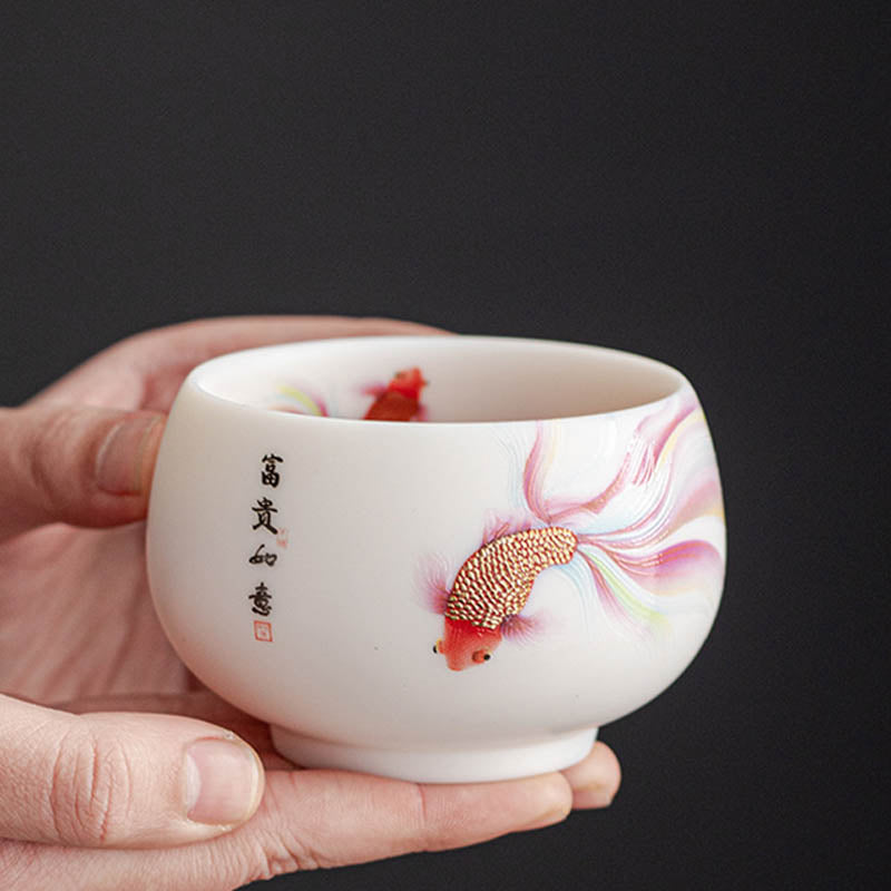 Nimara Ritual Koi Fish White Porcelain Ceramic Teacup Kung Fu Tea Cup