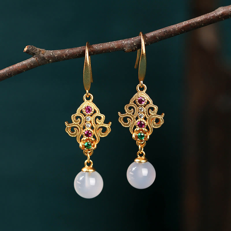 Nimara Ritual 24K Gold Plated Round Chalcedony Positive Dangle Drop Earrings