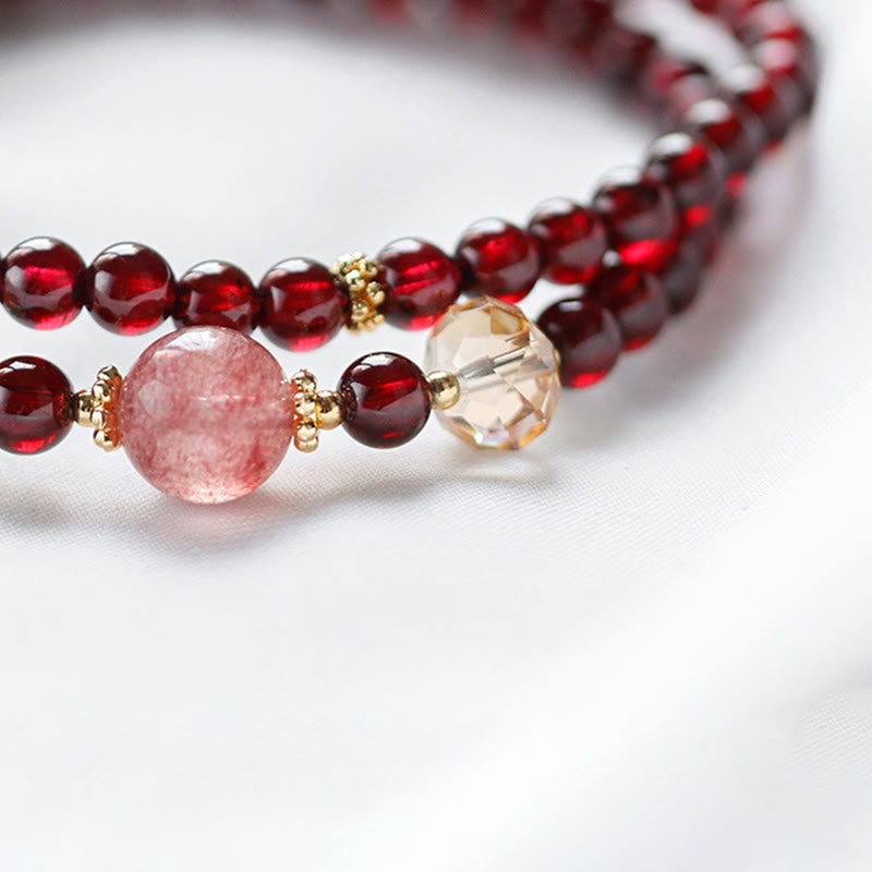 Nimara Ritual 14K Gold Plated Natural Garnet Strawberry Quartz Stability Double Wrap Bracelet