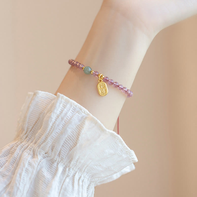 Nimara Ritual Natural Strawberry Quartz Garnet Jade Lucky Fortune Fu Character Healing Charm Bracelet