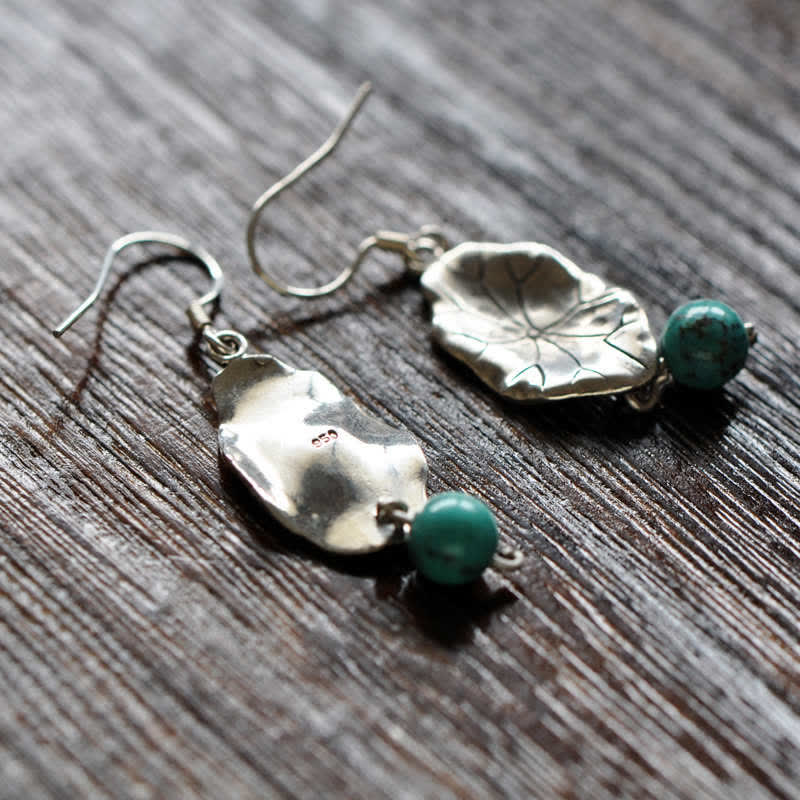 Nimara Ritual 925 Sterling Silver Turquoise Lotus Leaf Protection Drop Dangle Earrings