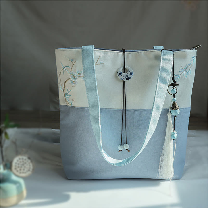 Nimara Ritual Pear Flower Plum Peach Blossom Bamboo Embroidery Canvas Large Capacity Shoulder Bag Tote Bag