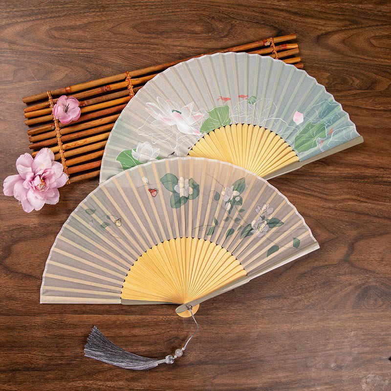 Nimara Ritual Jasmine Lotus Begonia Flowers Handheld Bamboo Folding Fan