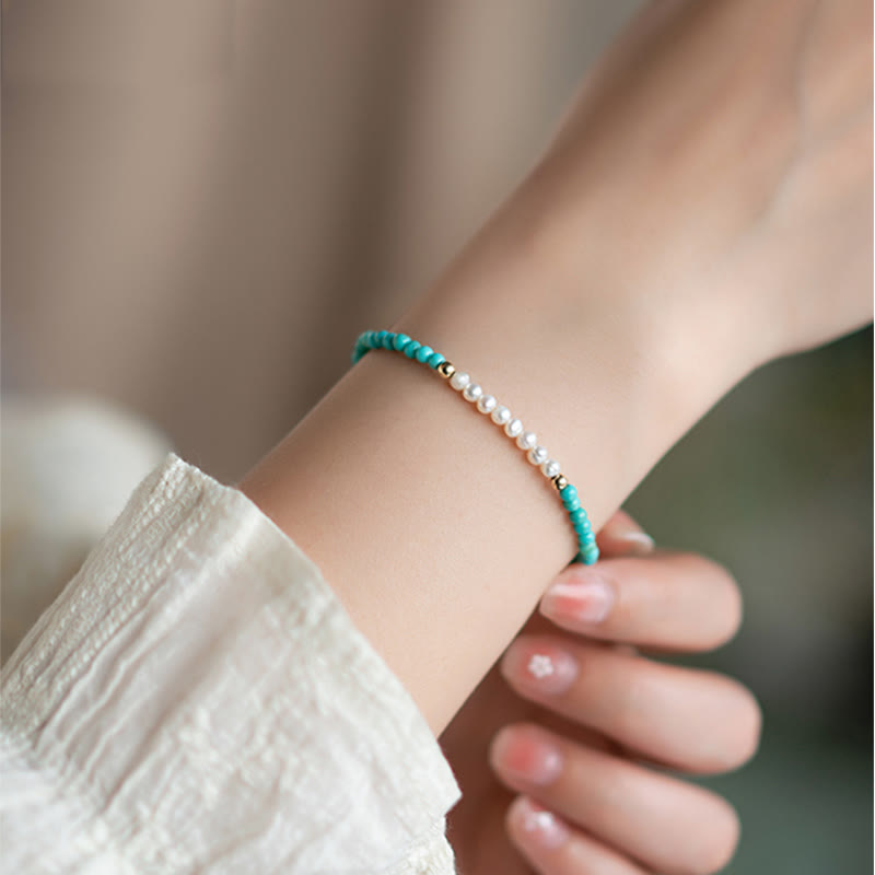 Nimara Ritual 925 Sterling Silver Natural Turquoise Pearl Beaded Bracelet