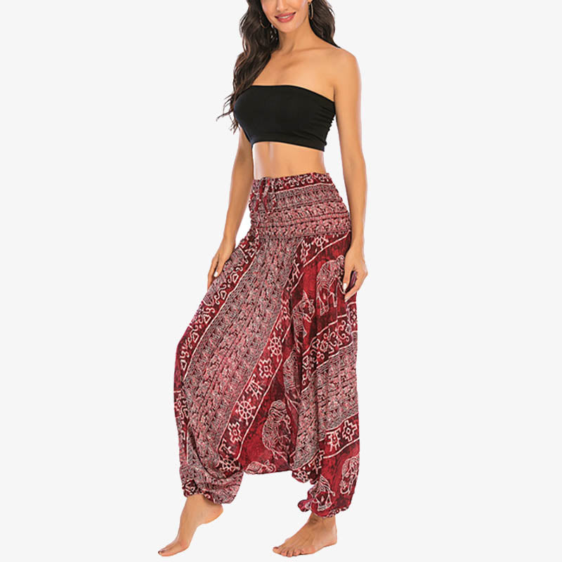 Nimara Ritual Two Style Wear Elephant Pattern Loose Smocked Harem Trousers Jumpsuit Women's Yoga Pants