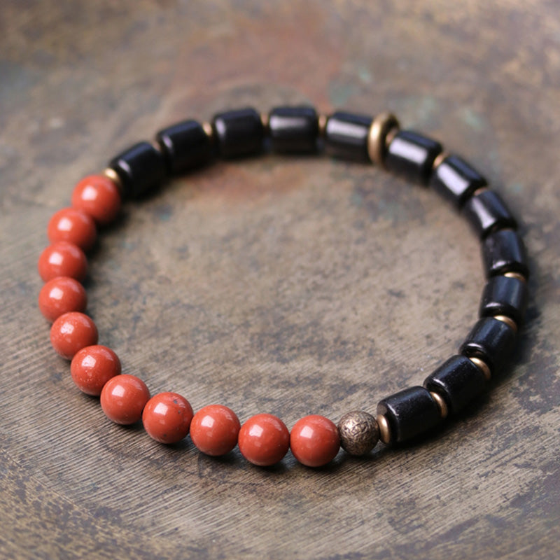 Nimara Ritual Ebony Wood Red Jasper Moss Agate Crystal Copper Peace Couple Bracelet