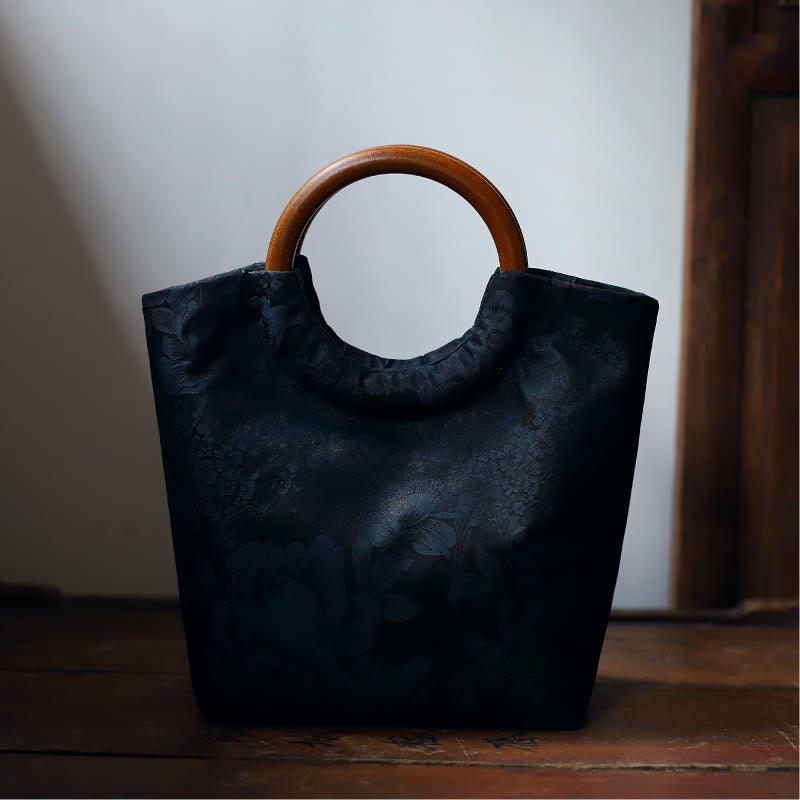 Nimara Ritual Peony Flower Bamboo Leaves Bird Solid Wood Handle Handbag