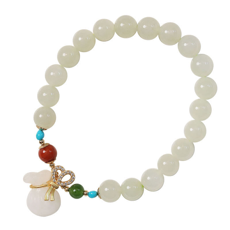 Nimara Ritual Natural Hetian White Jade 14K Gold Plated Money Bag Blessing Bracelet