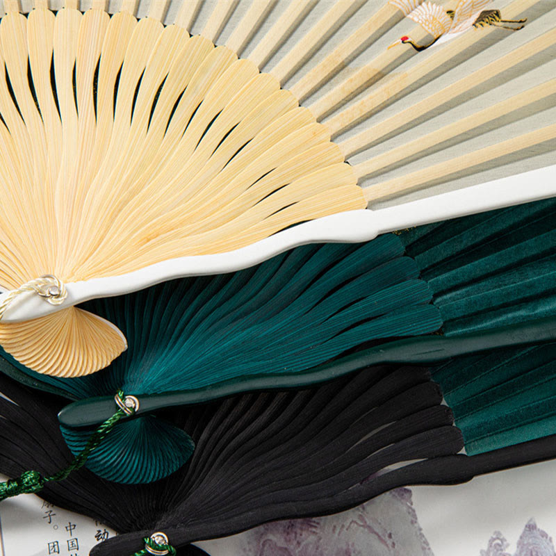 Nimara Ritual Flying White Crane Sun Cloud Handheld Silk Bamboo Folding Fan 22cm