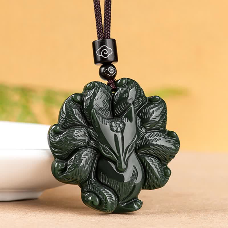 Nimara Ritual Hetian Cyan Jade Nine Tailed Fox Luck Necklace String Pendant