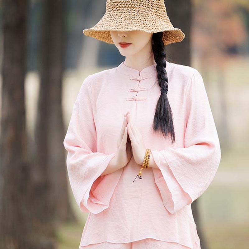 Nimara Ritual 2Pcs Plain Design Top Pants Meditation Yoga Zen Tai Chi Cotton Linen Clothing Women's Set