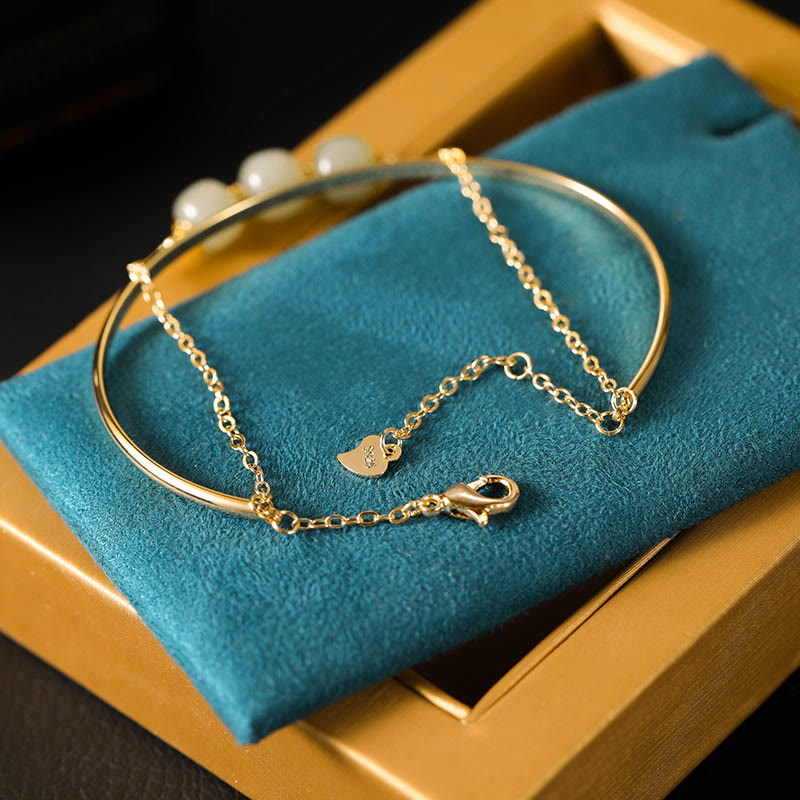 Nimara Ritual Copper Plated Gold Hetian Jade Bead Luck Double Layer Bracelet Bangle