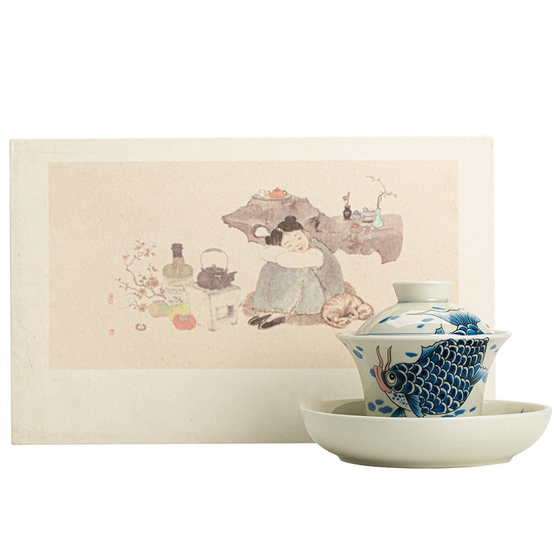 Nimara Ritual Koi Fish Arowana Ceramic Gaiwan Sancai Teacup Kung Fu Tea Cup With Lid 130ml