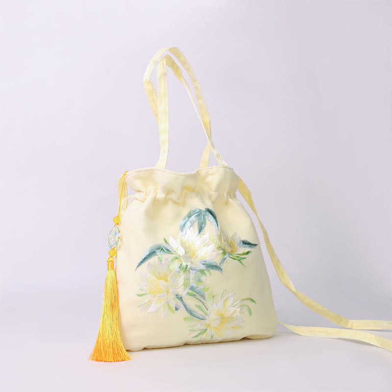 Nimara Ritual Lotus Peony Epiphyllum Phoenix Suzhou Embroidery Cotton Linen Tote Crossbody Bag Shoulder Bag Handbag
