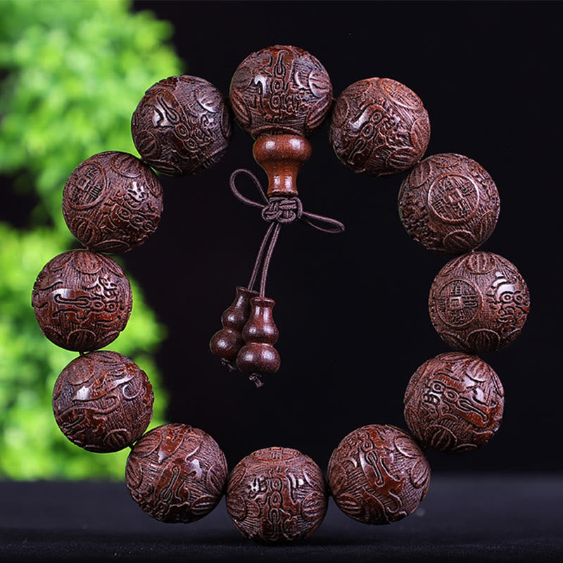 Nimara Ritual Chinese Zodiac Rosewood Ebony Copper Coin PiXiu Carved Warmth Bracelet