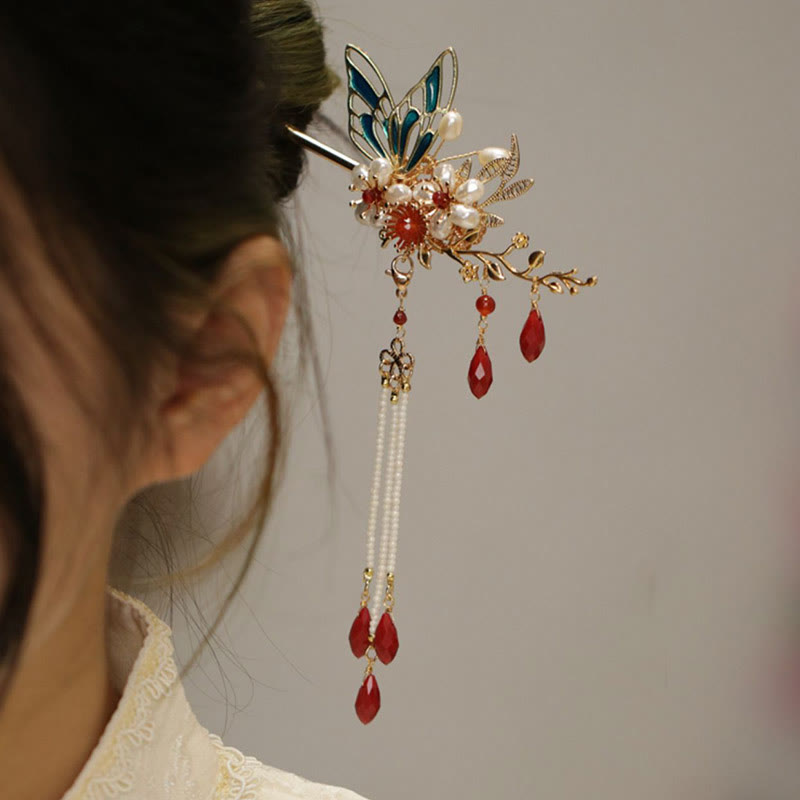 Nimara Ritual Classical Chinese Style Flower Branche Butterfly Pearl Tassel Hair Clip Hair Comb Hair Crown