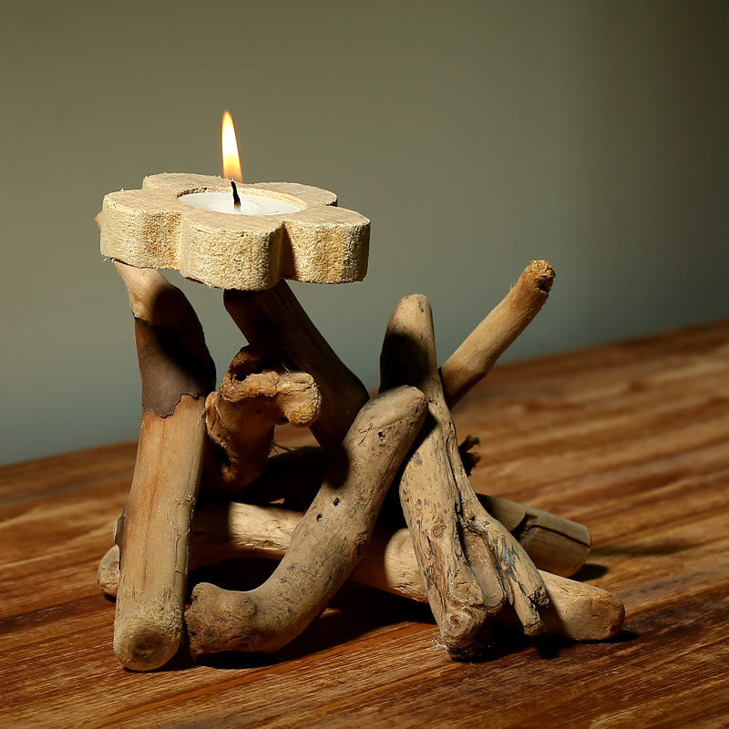 Nimara Ritual Flower Pattern Wood Candlestick Home Candle Holder Decoration