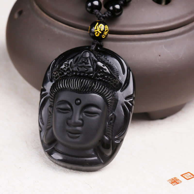 Nimara Ritual Natural Black Obsidian Kwan Yin Avalokitesvara Strength String Necklace Pendant