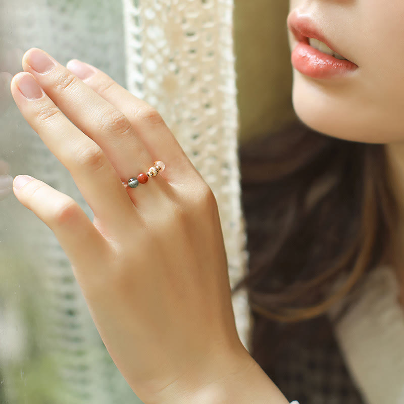 Nimara Ritual 14k Gold Plated Copper Fu Lu Shou Crystal Peach Moonstone Happiness Wealth Ring