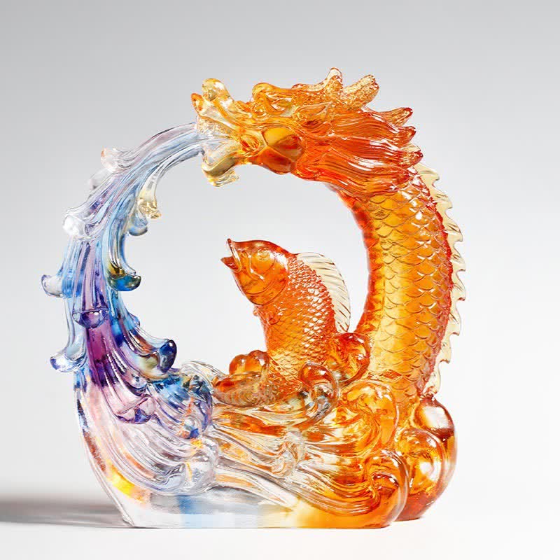 Nimara Ritual Feng Shui Dragon Koi Fish Handmade Liuli Crystal Art Piece Home Office Decoration