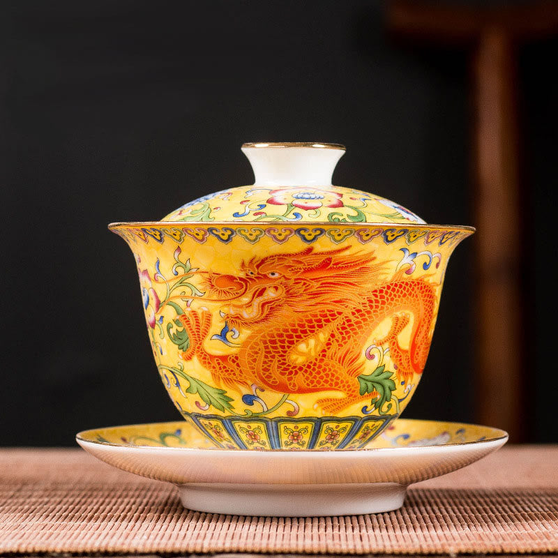 Nimara Ritual Dragon Phoenix Flower Design Ceramic Gaiwan Sancai Teacup Kung Fu Tea Cup And Saucer With Lid