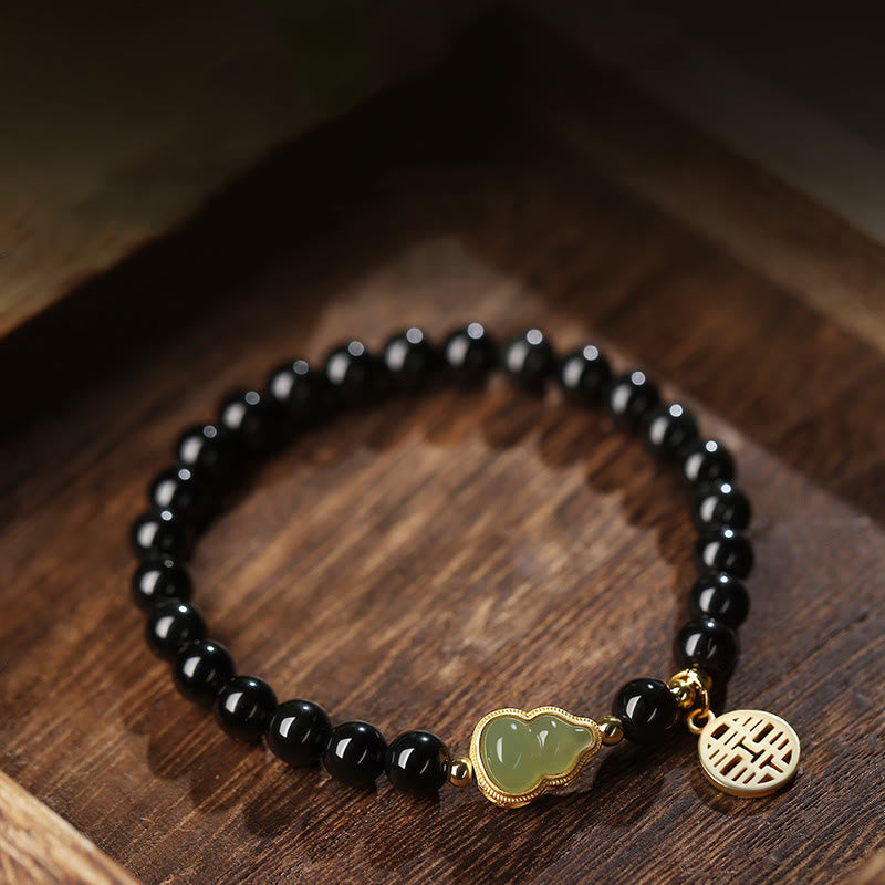 Nimara Ritual Natural Black Obsidian Hetian Jade Gourd Double Happiness Strength Bracelet