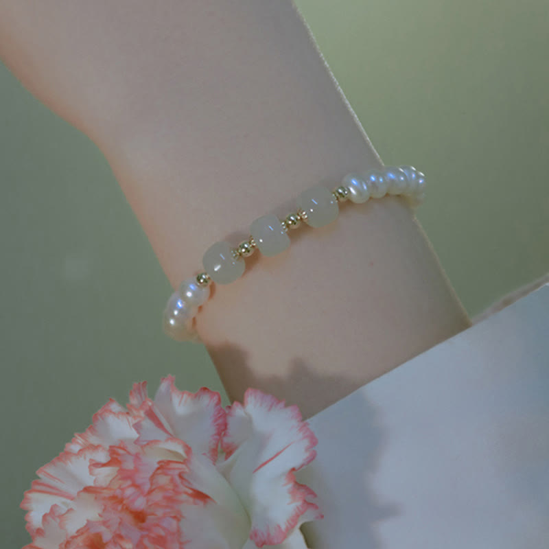 Nimara Ritual 14K Gold Plated Natural Pearl Hetian Cyan Jade White Jade Sincerity Bead Chain Bracelet