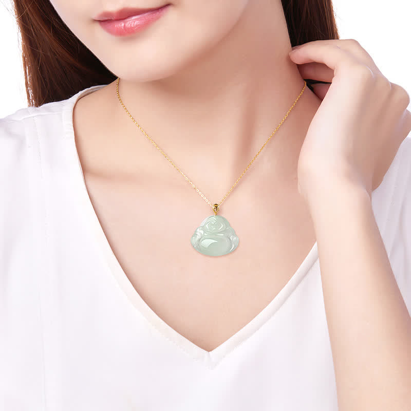 Nimara Ritual Laughing Buddha Natural Jade Abundance Titanium Steel Chain Necklace Pendant