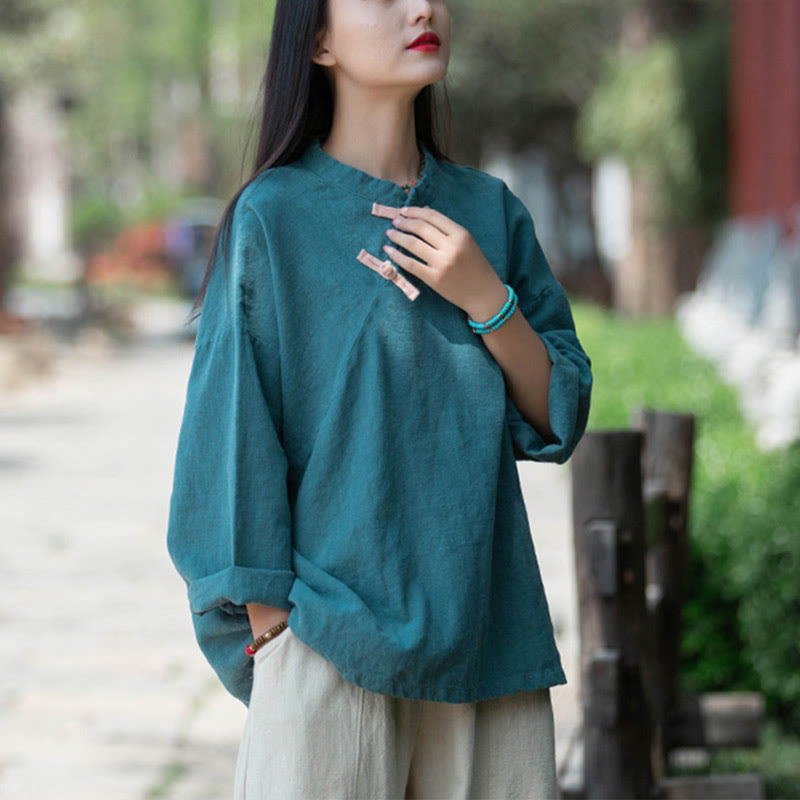 Nimara Ritual Ramie Linen Loose Blouse Women Long Sleeve Shirt Chinese Hanfu Top