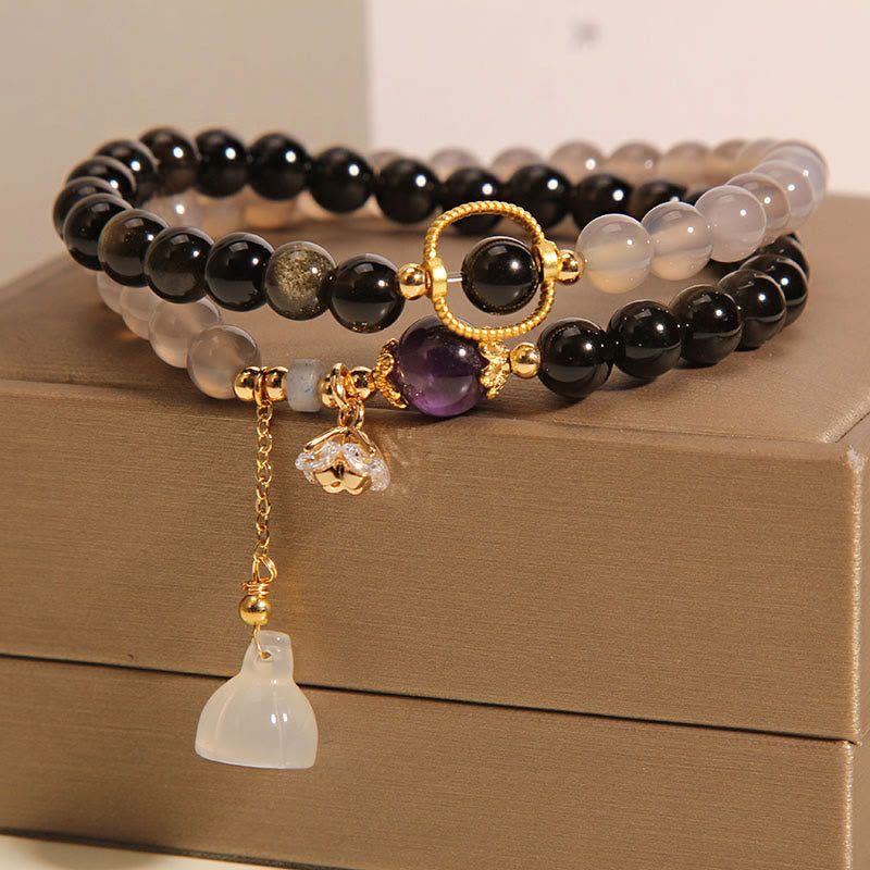 Nimara Ritual Gold Sheen Obsidian Gray Agate Lotus Charm Strengthen Double Wrap Bracelet