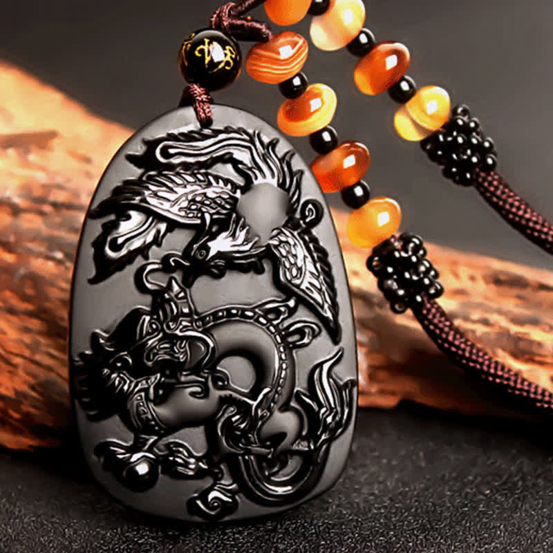 Nimara Ritual Black Obsidian Tiger Eye Dragon Phoenix Protection Beaded Necklace Pendant