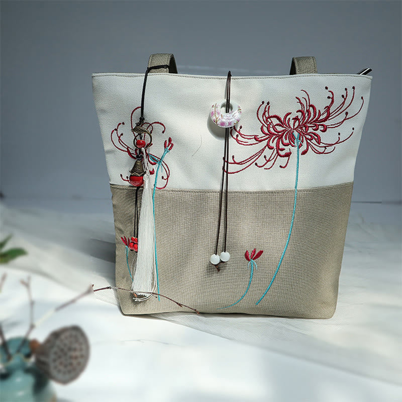 Nimara Ritual Pear Flower Plum Peach Blossom Bamboo Embroidery Canvas Large Capacity Shoulder Bag Tote Bag