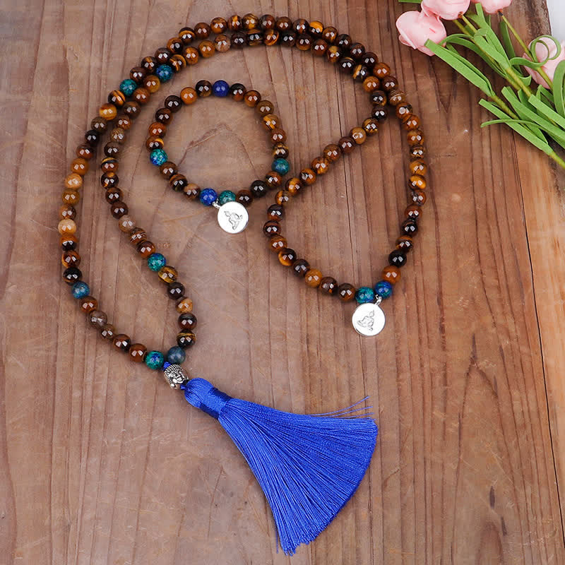 Nimara Ritual 108 Mala Beads Tiger Eye Buddha Strength Bracelet Tassel Necklace Pendant