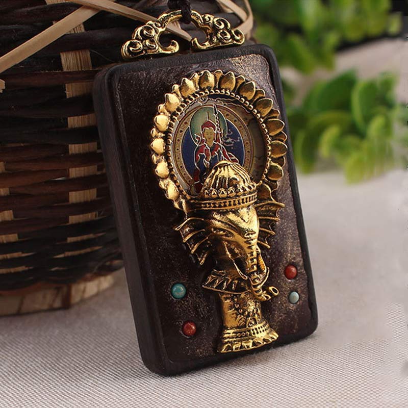 Nimara Ritual Ebony Wood Elephant God of Fortune Buddha Blessing Necklace String Pendant
