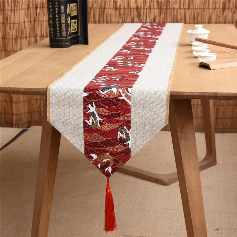 Nimara Ritual Classic Chinese Style Lotus Koi Fish Flower Crane Calligraphy Enlightenment Cotton Linen Tassels Table Runner