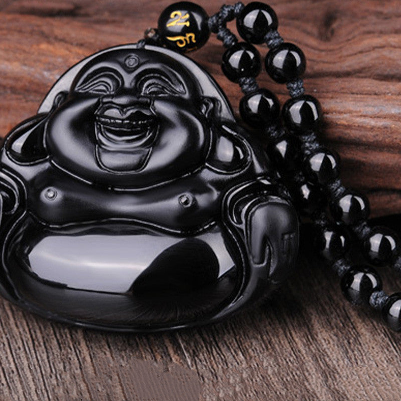 Nimara Ritual Laughing Buddha Black Obsidian Transformation Pendant Necklace