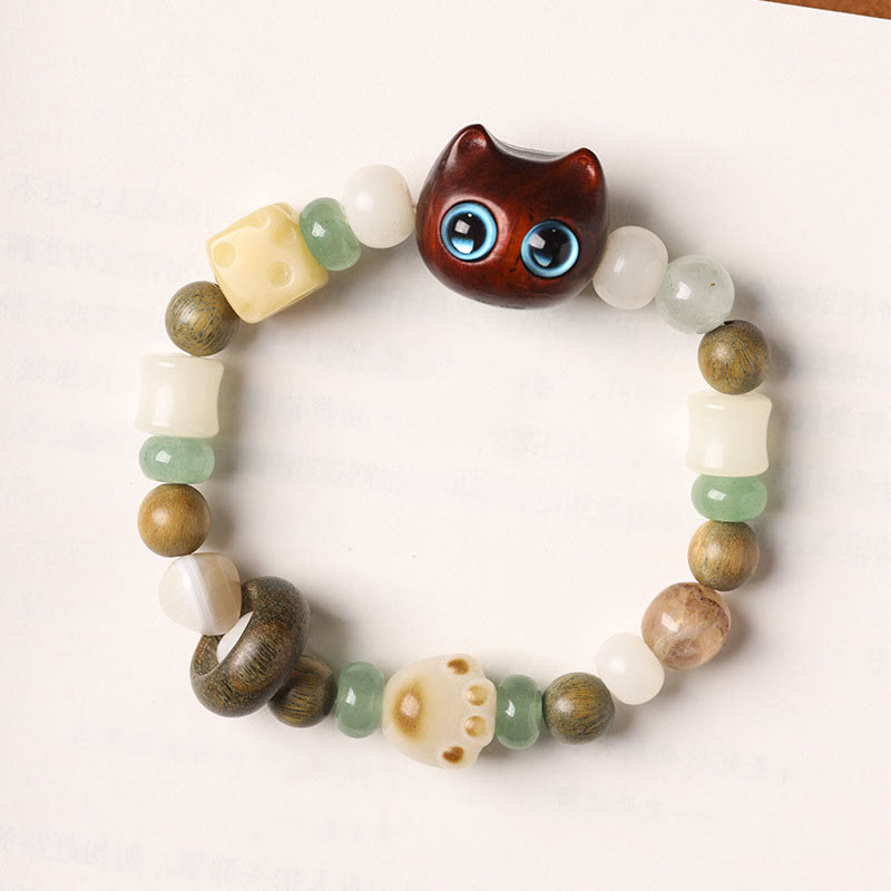 Nimara Ritual Bodhi Seed Green Sandalwood Ebony Wood Small Leaf Red Sandalwood Cat Head Paw Claw Peace Bracelet